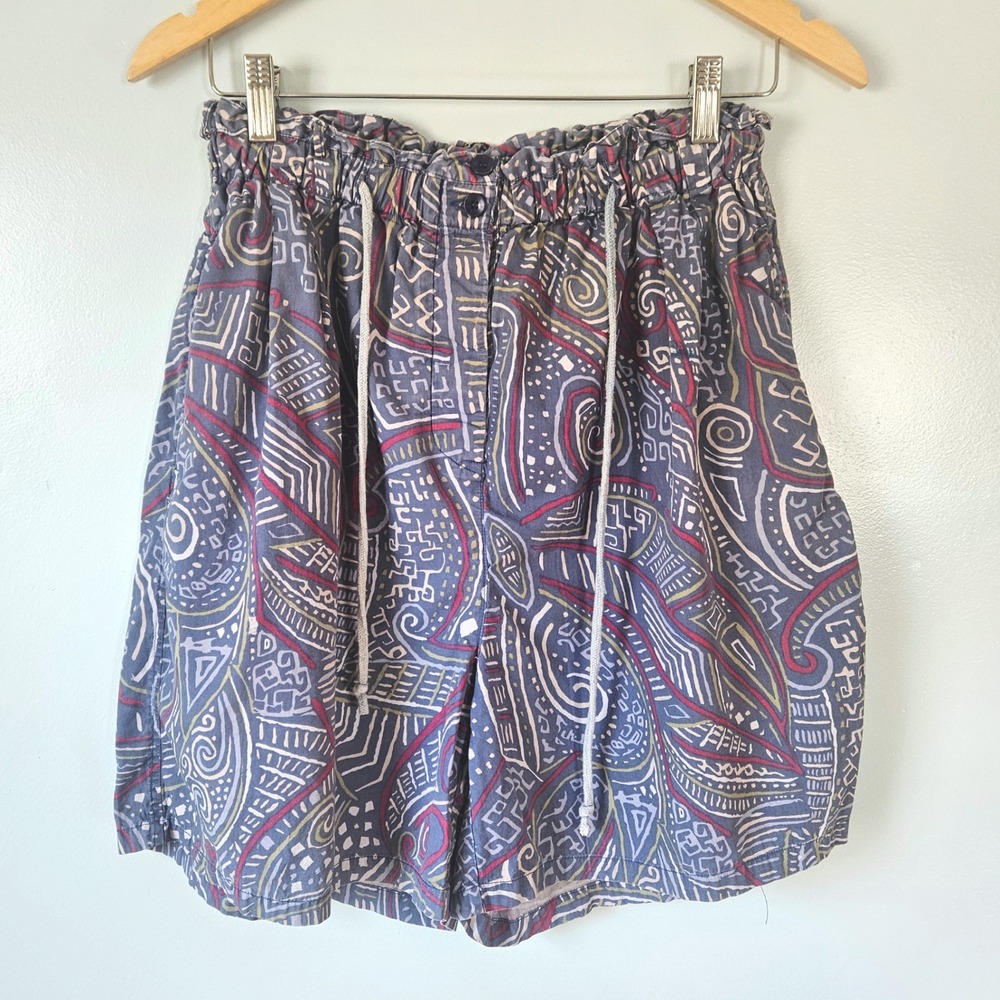 Krazy Kat Vtg 90s Blue Tribal Abstract Print Cotton Paperbag Waist Shorts L FLAW